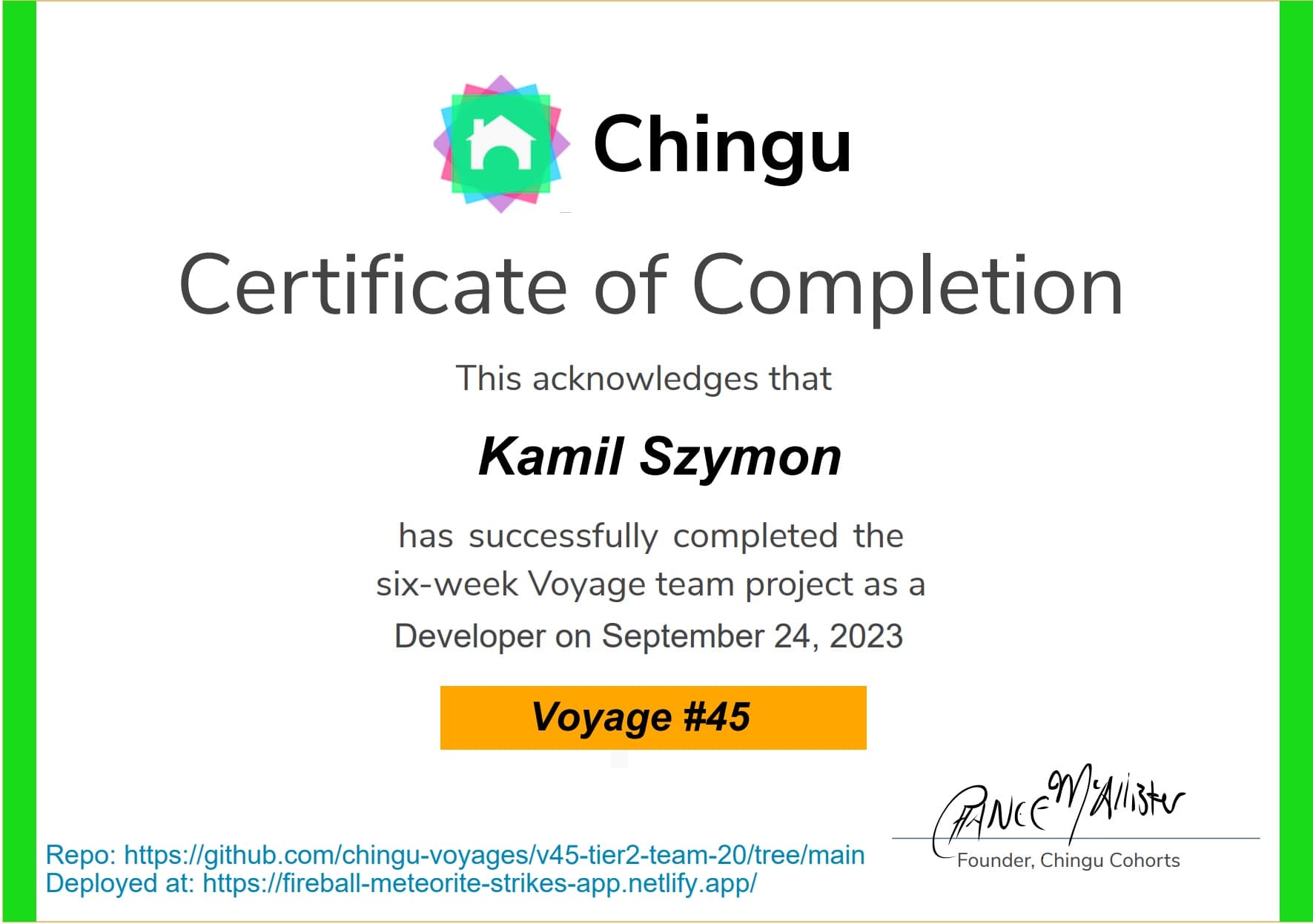 Chingu certificate picture